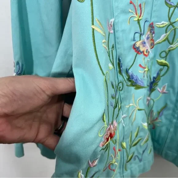 Quacker Factory Embroidered Mandarin Collar Stretch Jacket Turquoise Aqua Size M - Picture 9 of 14